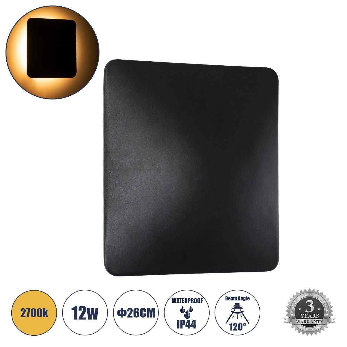 GloboStar® HELIO-S 60664 Φωτιστικό Τοίχου - Απλίκα Αρχιτεκτονικού Φωτισμού Εξωτερικού Χώρου LED 12W 1380lm 120° x 360° AC 220-240V Αδιάβροχο IP65 Μ26 x Π5 x Υ26cm - Θερμό Λευκό 2700K - Μαύρο - Τετράγωνο - Bridgelux Chip - ledmania.gr