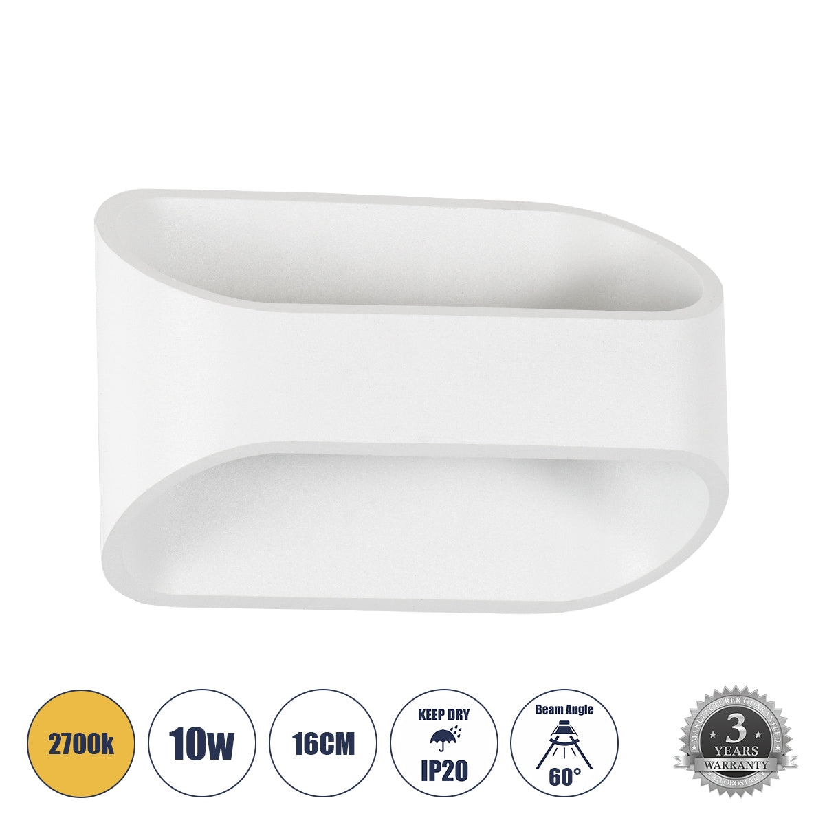 GloboStar® EDEN 60666 Φωτιστικό Τοίχου - Απλίκα Αρχιτεκτονικού Φωτισμού Εσωτερικού Χώρου Up & Down LED 10W 950lm 60° AC 220-240V IP20 Μ16 x Π10.5 x Υ9cm - Θερμό Λευκό 2700K - Λευκό - Bridgelux Chip - ledmania.gr