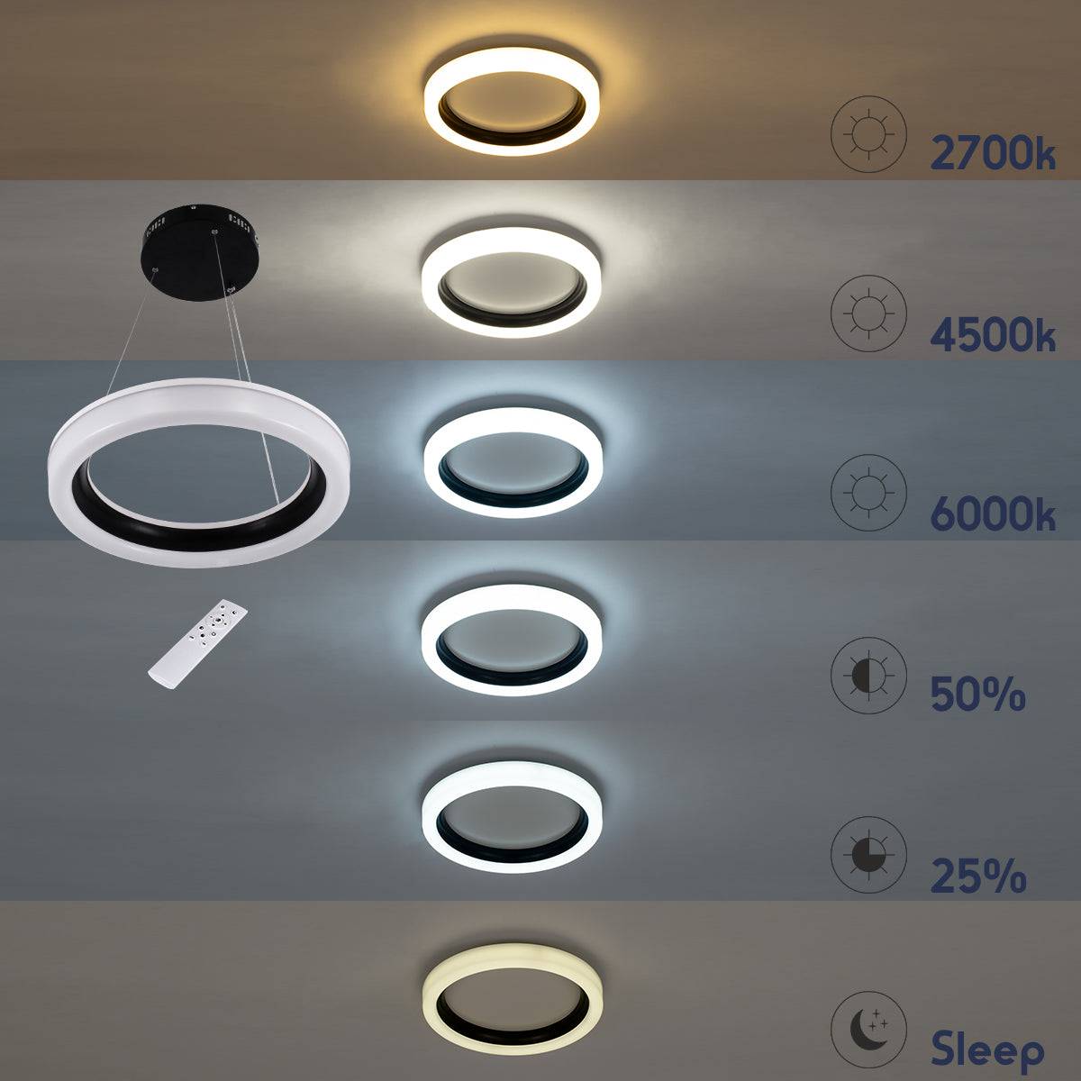 GloboStar® ARIANA 61039 Κρεμαστή Πλαφονιέρα Οροφής Κύκλος LED CCT 55W 6376lm 120° AC 220-240V - Εναλλαγή Φωτισμού μέσω Τηλεχειριστηρίου All In One Ψυχρό Λευκό 6000k+Φυσικό Λευκό 4500k+Θερμό Λευκό 2700k Dimmable Φ48cm - Ανθρακί - 3 Years Warrant - ledmania.gr