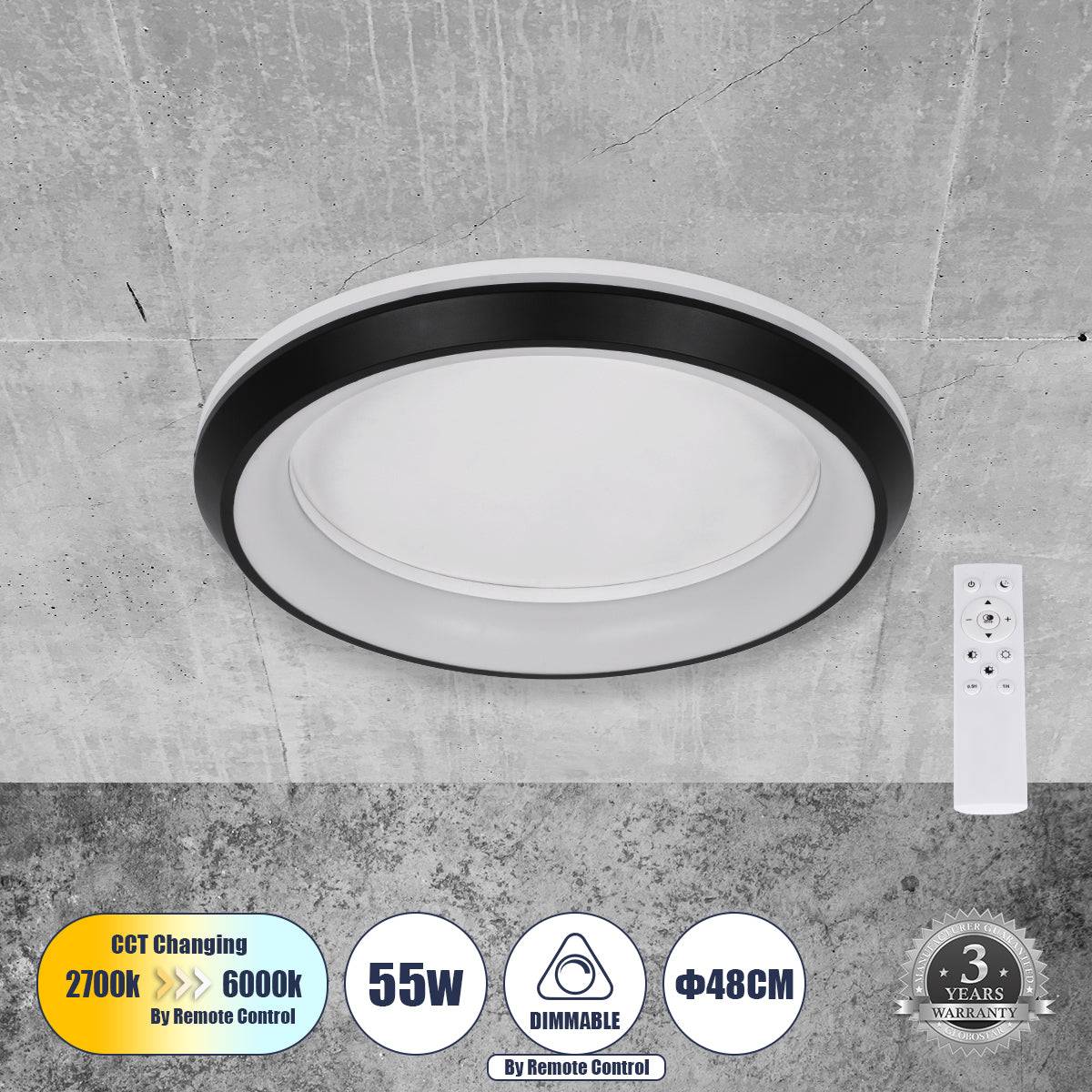 GloboStar® MELINA 61040 Πλαφονιέρα Οροφής Κύκλος LED CCT 55W 6376lm 120° AC 220-240V - Εναλλαγή Φωτισμού μέσω Τηλεχειριστηρίου All In One Ψυχρό Λευκό 6000k+Φυσικό Λευκό 4500k+Θερμό Λευκό 2700k Dimmable Φ48cm - Μαύρο - 3 Years Warranty - ledmania.gr