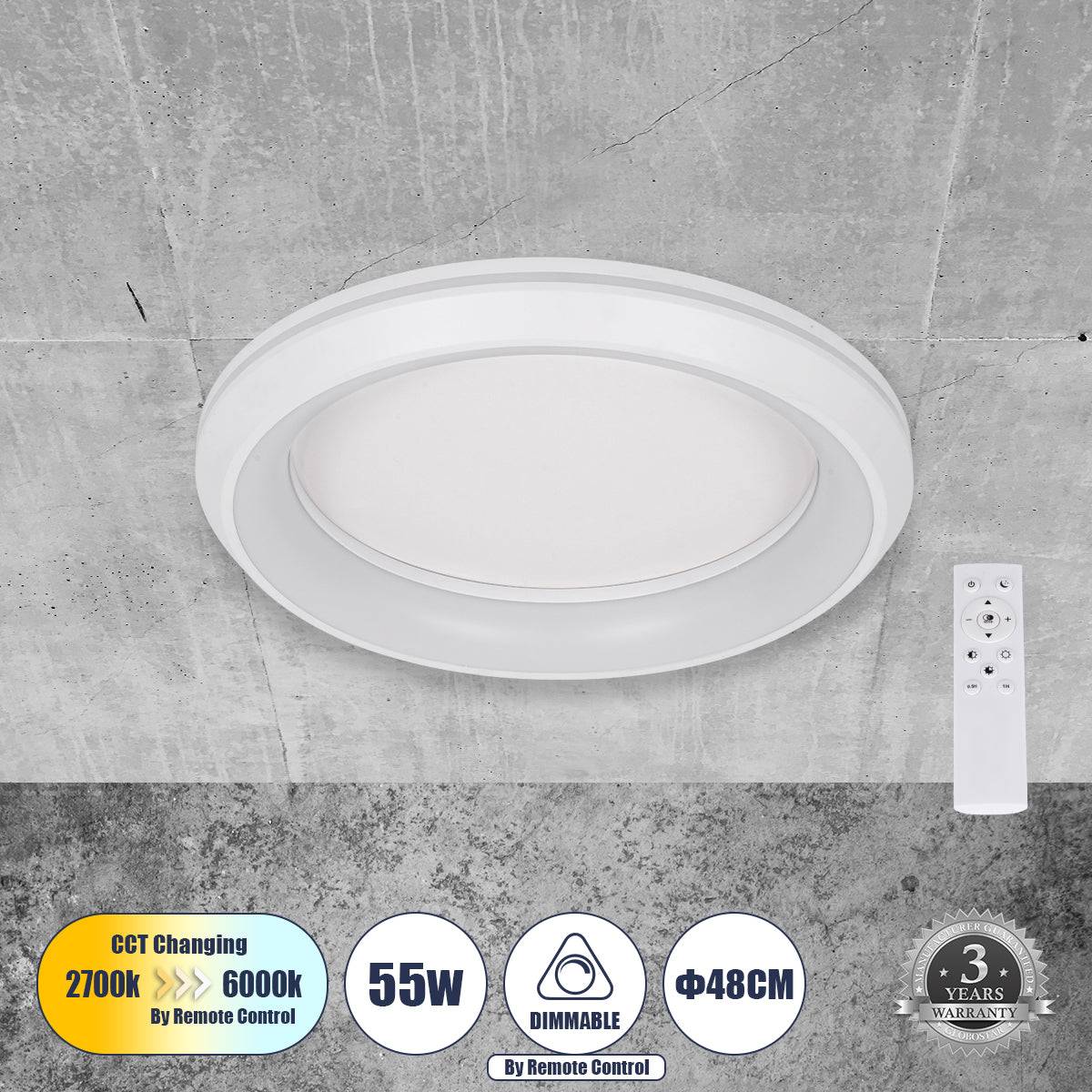GloboStar® MELINA 61041 Πλαφονιέρα Οροφής Κύκλος LED CCT 55W 6376lm 120° AC 220-240V - Εναλλαγή Φωτισμού μέσω Τηλεχειριστηρίου All In One Ψυχρό Λευκό 6000k+Φυσικό Λευκό 4500k+Θερμό Λευκό 2700k Dimmable Φ48cm - Λευκό - 3 Years Warranty - ledmania.gr