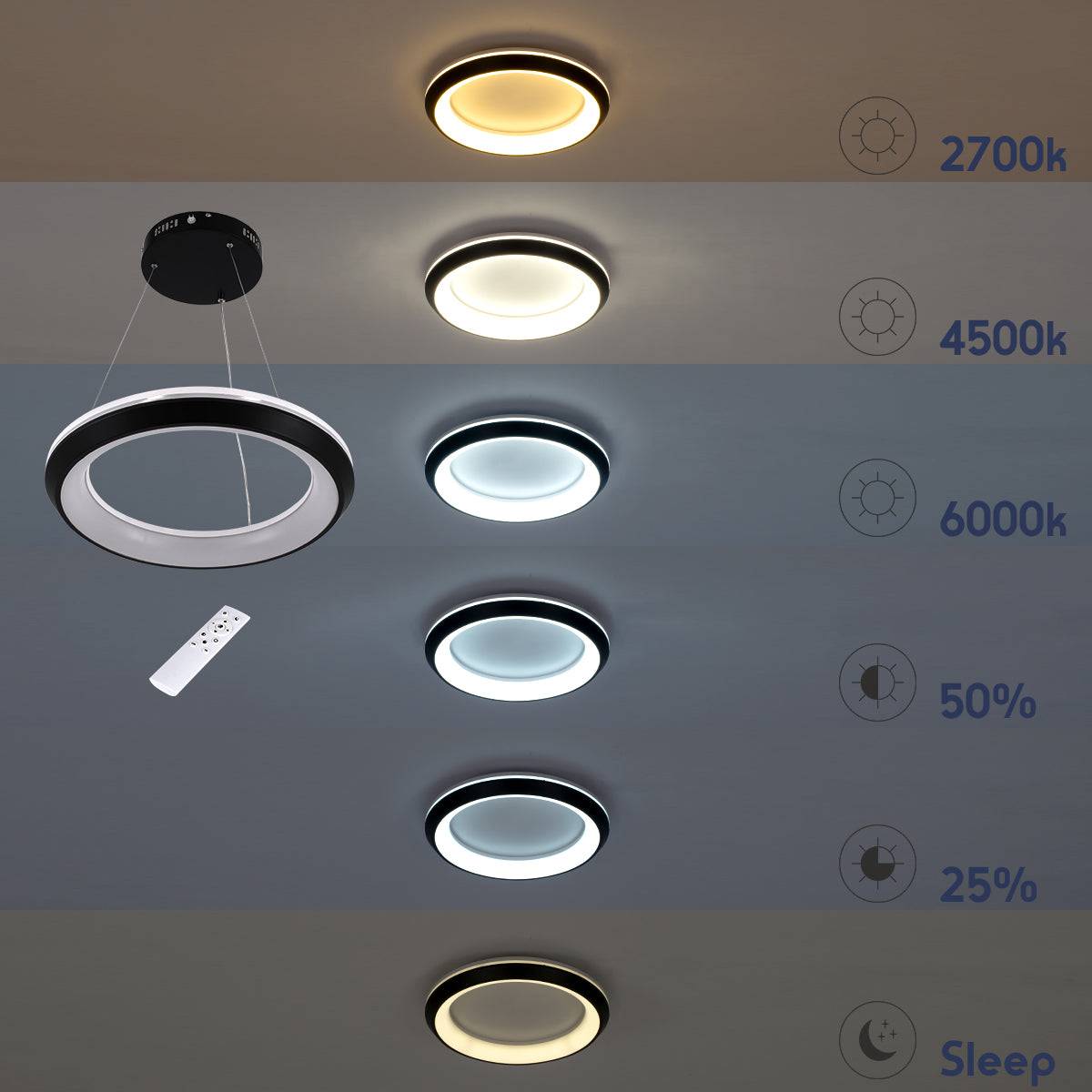 GloboStar® MELINA 61043 Κρεμαστή Πλαφονιέρα Οροφής Κύκλος LED CCT 55W 6376lm 120° AC 220-240V - Εναλλαγή Φωτισμού μέσω Τηλεχειριστηρίου All In One Ψυχρό Λευκό 6000k+Φυσικό Λευκό 4500k+Θερμό Λευκό 2700k Dimmable Φ48cm - Μαύρο - 3 Years Warranty - ledmania.gr