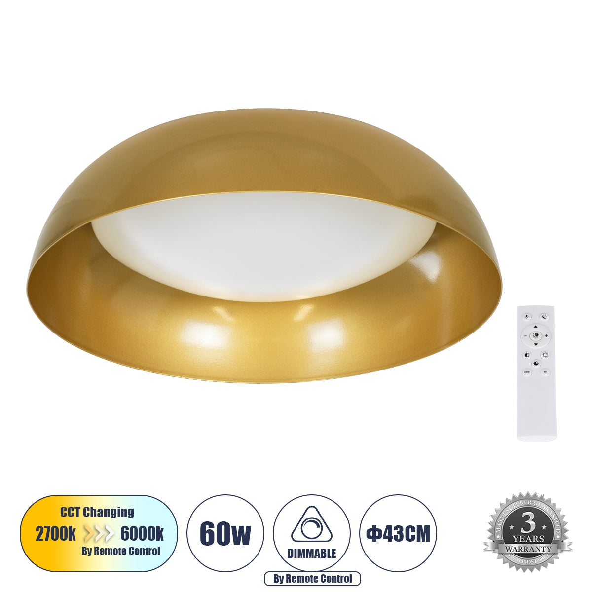 GloboStar® ANATOLIA 61263 Πλαφονιέρα Οροφής LED CCT 60W 6900lm 120° AC 220-240V - Εναλλαγή Φωτισμού μέσω Τηλεχειριστηρίου All In One Ψυχρό 6000k+Φυσικό 4500k+Θερμό 2700k Dimmable Φ43cm - Χρυσό - ledmania.gr