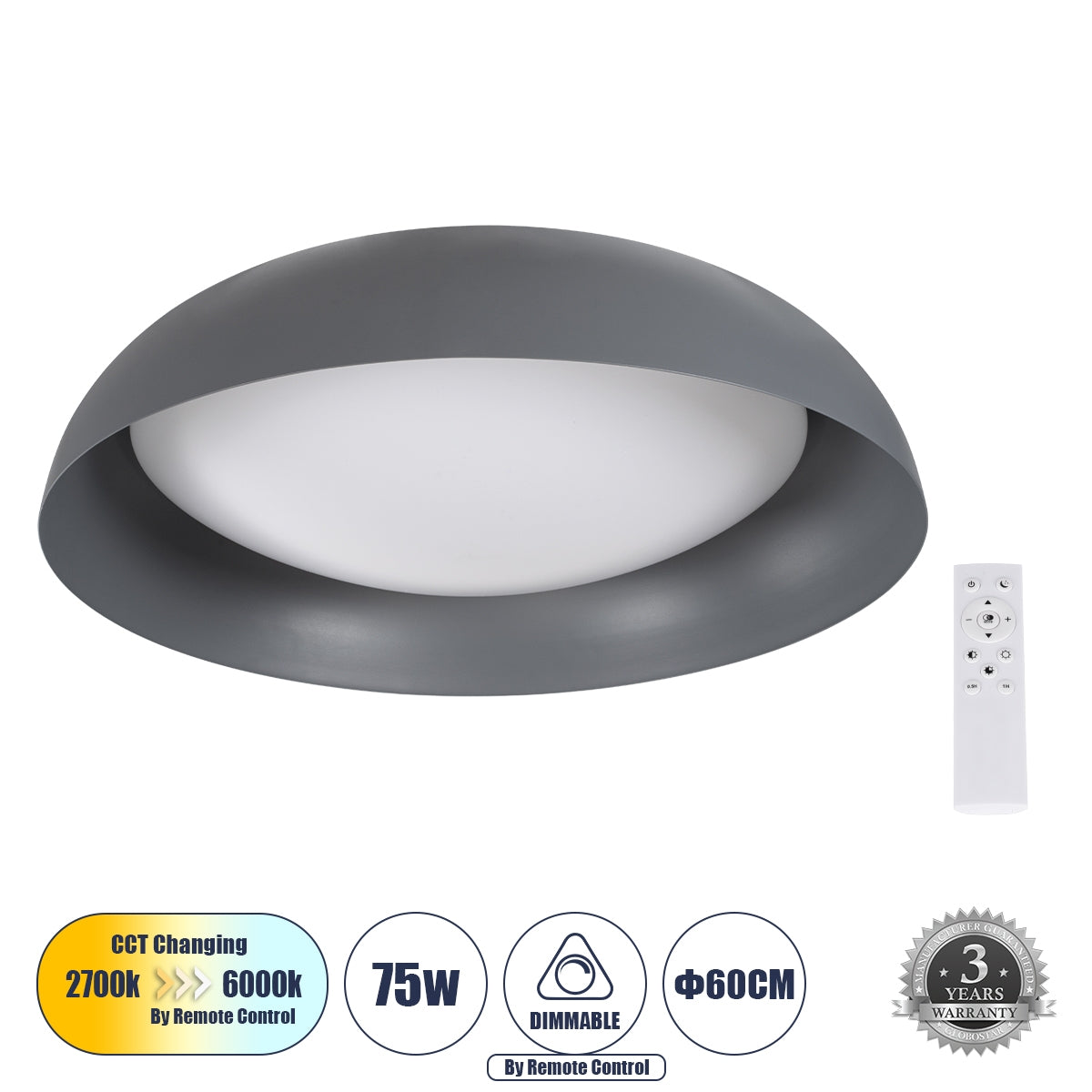 GloboStar® ANATOLIA 61265 Πλαφονιέρα Οροφής LED CCT 75W 8625lm 120° AC 220-240V - Εναλλαγή Φωτισμού μέσω Τηλεχειριστηρίου All In One Ψυχρό 6000k+Φυσικό 4500k+Θερμό 2700k Dimmable Φ60cm - Γκρι Ανθρακί - ledmania.gr