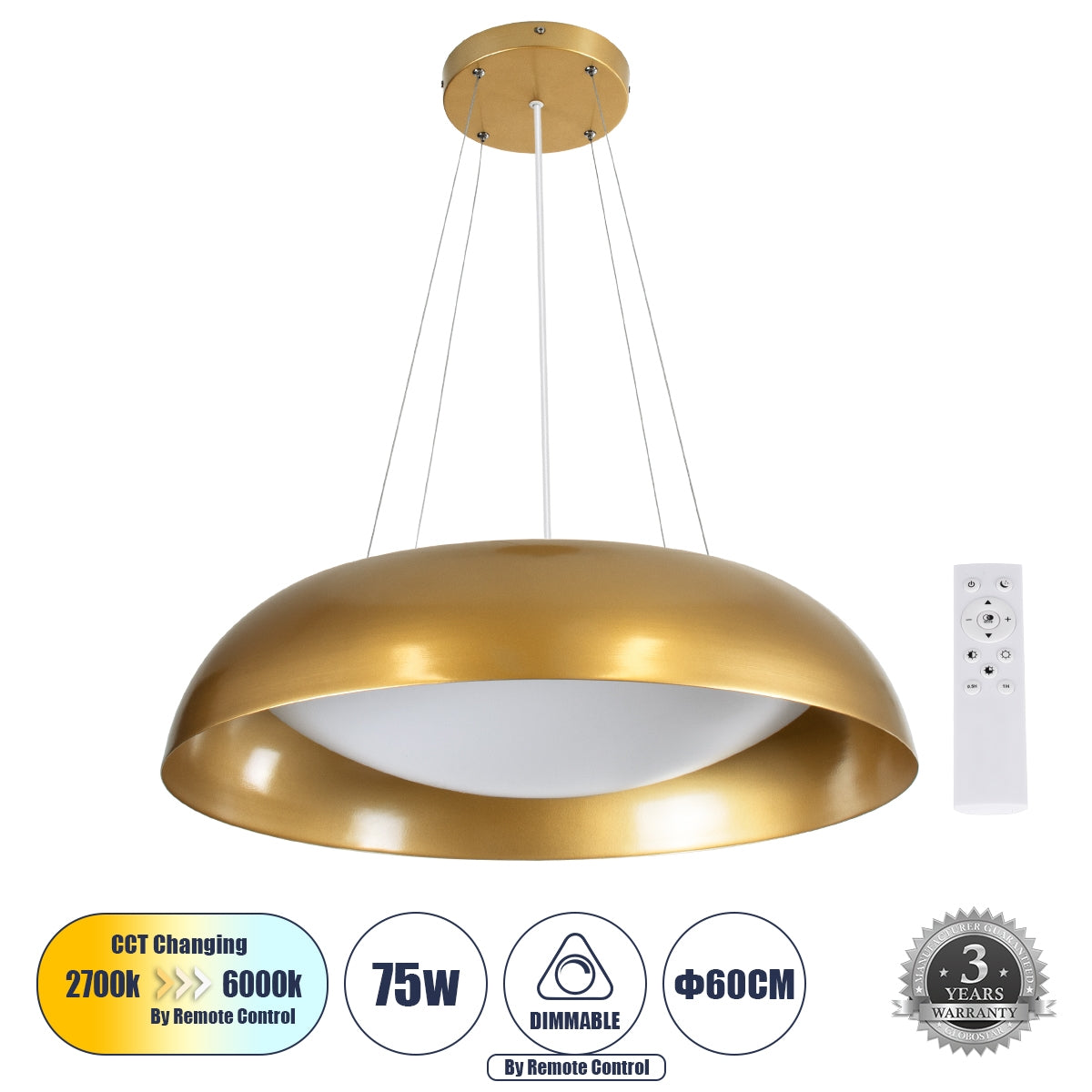 GloboStar® ANATOLIA 61270 Κρεμαστή Πλαφονιέρα Οροφής LED CCT 75W 8625lm 120° AC 220-240V - Εναλλαγή Φωτισμού μέσω Τηλεχειριστηρίου All In One Ψυχρό 6000k+Φυσικό 4500k+Θερμό 2700k Dimmable Φ60cm - Χρυσό - ledmania.gr