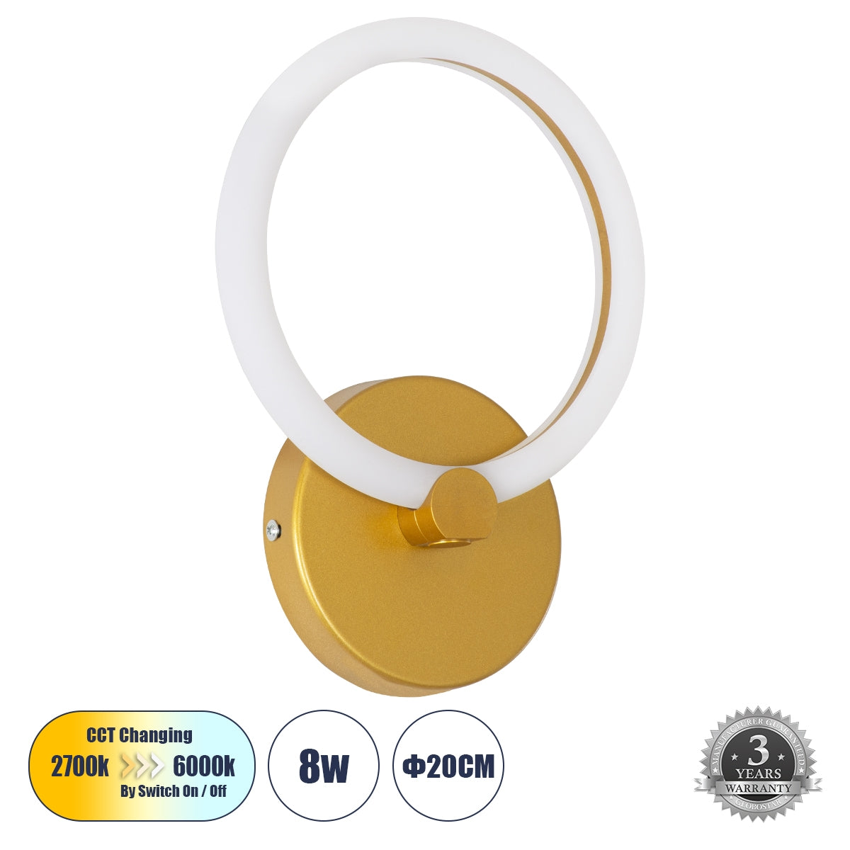 GloboStar® MATILDA 61340 Φωτιστικό Τοίχου - Απλίκα Design LED CCT 8W 960lm 360° AC 220-240V - Εναλλαγή Φωτισμού μέσω Διακόπτη On/Off All In One Ψυχρό 6000k+Φυσικό 4500k+Θερμό 2700k Μ20 x Π5 x Υ25.5cm - Χρυσό - ledmania.gr