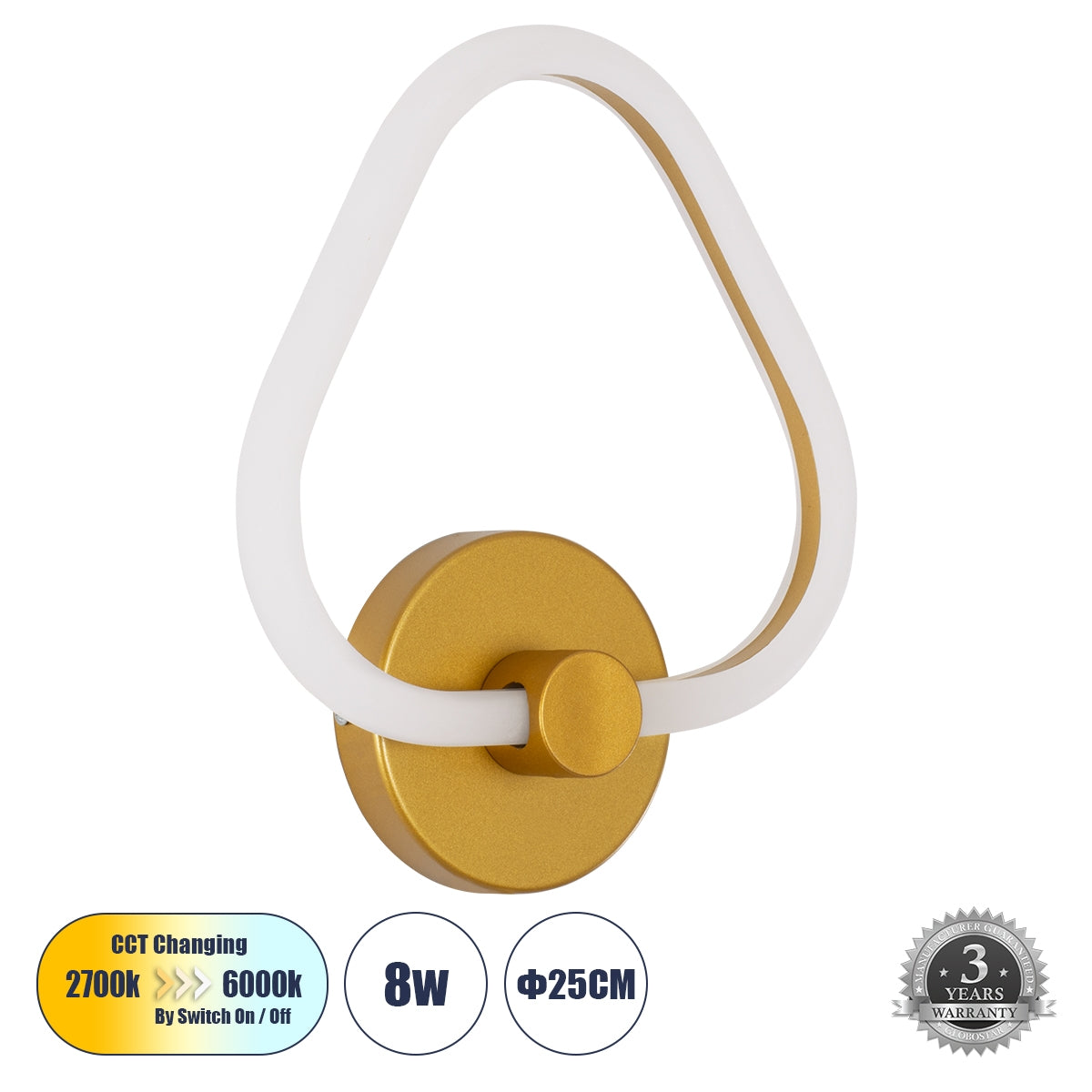 GloboStar® REGINA 61342 Φωτιστικό Τοίχου - Απλίκα Design LED CCT 8W 960lm 360° AC 220-240V - Εναλλαγή Φωτισμού μέσω Διακόπτη On/Off All In One Ψυχρό 6000k+Φυσικό 4500k+Θερμό 2700k Μ25 x Π7 x Υ28.5cm - Χρυσό - ledmania.gr