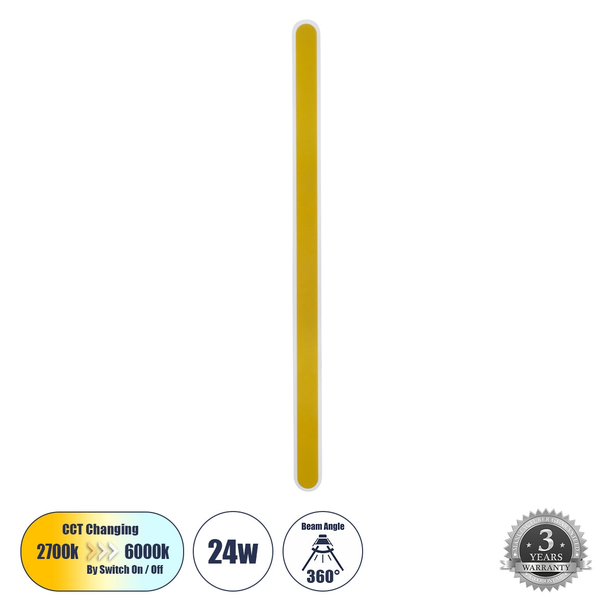 GloboStar® HOUSTON 61350 Φωτιστικό Τοίχου - Απλίκα Design LED CCT 24W 2880lm 360° AC 220-240V - Εναλλαγή Φωτισμού μέσω Διακόπτη On/Off All In One Ψυχρό 6000k+Φυσικό 4500k+Θερμό 2700k Μ6 x Π3 x Υ100cm - Χρυσό 61350 - ledmania.gr