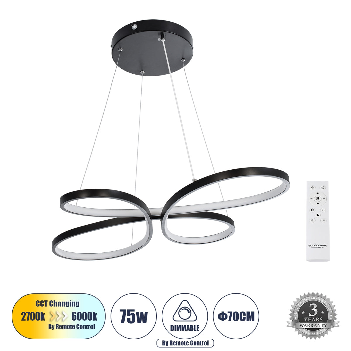 GloboStar® BUTTERFLY 61391 Κρεμαστό Φωτιστικό Οροφής Design LED CCT 75W 8400lm 300° AC 220-240V - Εναλλαγή Φωτισμού μέσω Τηλεχειριστηρίου All In One Ψυχρό 6000k+Φυσικό 4500k+Θερμό 2700k Dimmable Μ71 x Π52 x Υ4cm - Μαύρο - ledmania.gr