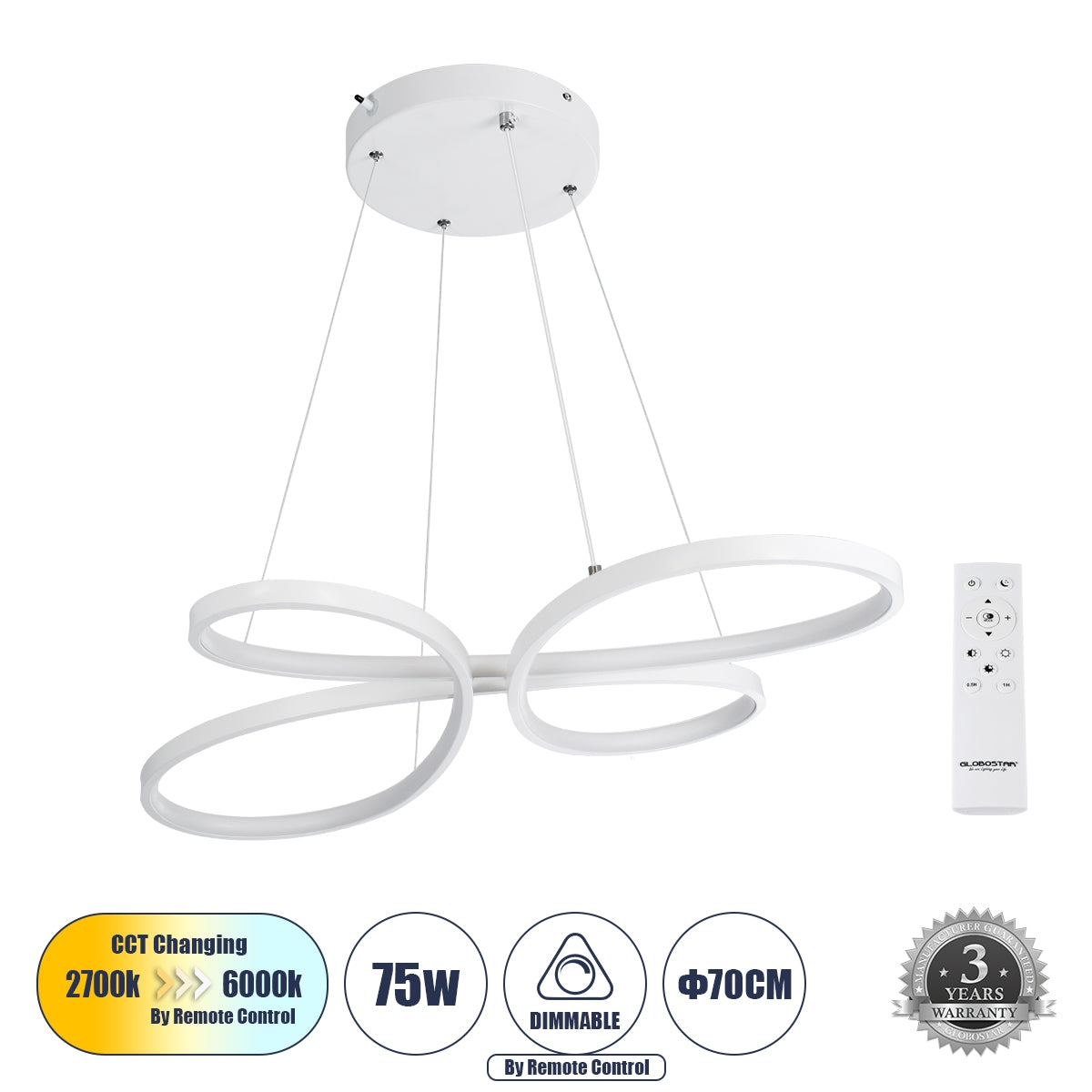 GloboStar® BUTTERFLY 61392 Κρεμαστό Φωτιστικό Οροφής Design LED CCT 75W 8400lm 300° AC 220-240V - Εναλλαγή Φωτισμού μέσω Τηλεχειριστηρίου All In One Ψυχρό 6000k+Φυσικό 4500k+Θερμό 2700k Dimmable Μ71 x Π52 x Υ4cm - Λευκό - ledmania.gr