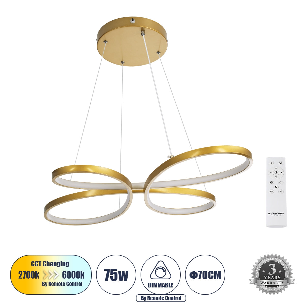 GloboStar® BUTTERFLY 61393 Κρεμαστό Φωτιστικό Οροφής Design LED CCT 75W 8400lm 300° AC 220-240V - Εναλλαγή Φωτισμού μέσω Τηλεχειριστηρίου All In One Ψυχρό 6000k+Φυσικό 4500k+Θερμό 2700k Dimmable Μ71 x Π52 x Υ4cm - Χρυσό Βούρτσας - ledmania.gr