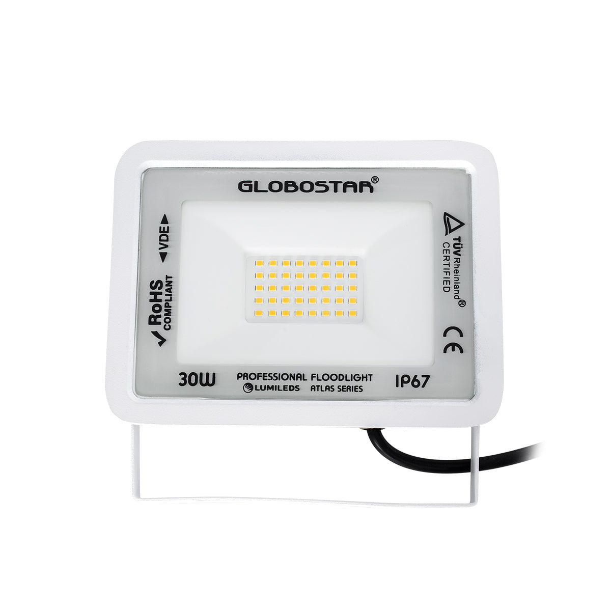 GloboStar® ATLAS 61415 Επαγγελματικός Προβολέας LED 30W 3450lm 120° AC 220-240V - Αδιάβροχος IP67 - Μ16 x Π2.5 x Υ12.5cm - Λευκό - Θερμό Λευκό 2700K - LUMILEDS Chips - TÜV Rheinland Certified - 5 Years Warranty - ledmania.gr