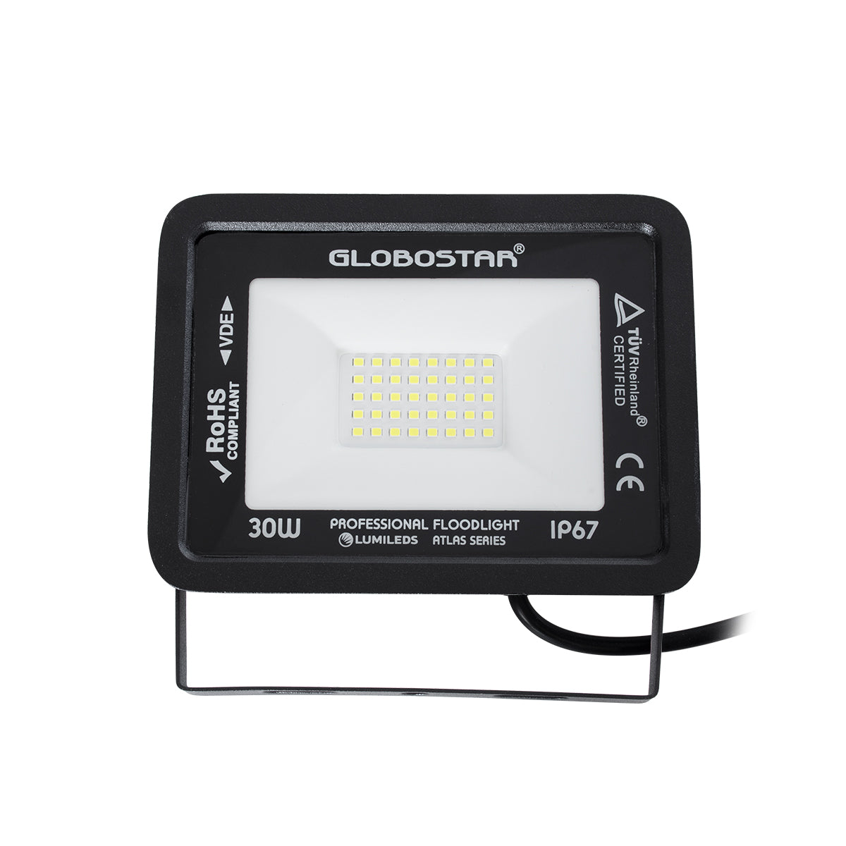 GloboStar® ATLAS 61416 Επαγγελματικός Προβολέας LED 30W 3750lm 120° AC 220-240V - Αδιάβροχος IP67 - Μ16 x Π2.5 x Υ12.5cm - Μαύρο - Ψυχρό Λευκό 6000K - LUMILEDS Chips - TÜV Rheinland Certified - 5 Years Warranty - ledmania.gr