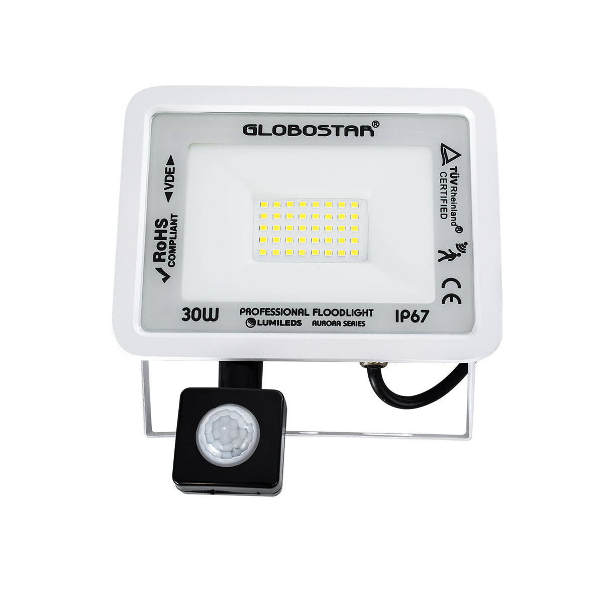 GloboStar® AURORA 61440 Επαγγελματικός Προβολέας LED 30W 3750lm 120° AC 220-240V με Ενσωματωμένο Ρυθμιζόμενο Αισθητήρα Κίνησης PIR - Αδιάβροχος IP67 - Μ16 x Π5 x Υ17.5cm - Λευκό - Ψυχρό Λευκό 6000K - LUMILEDS Chips - TÜV Rheinland Certified - 3 Years W... - ledmania.gr