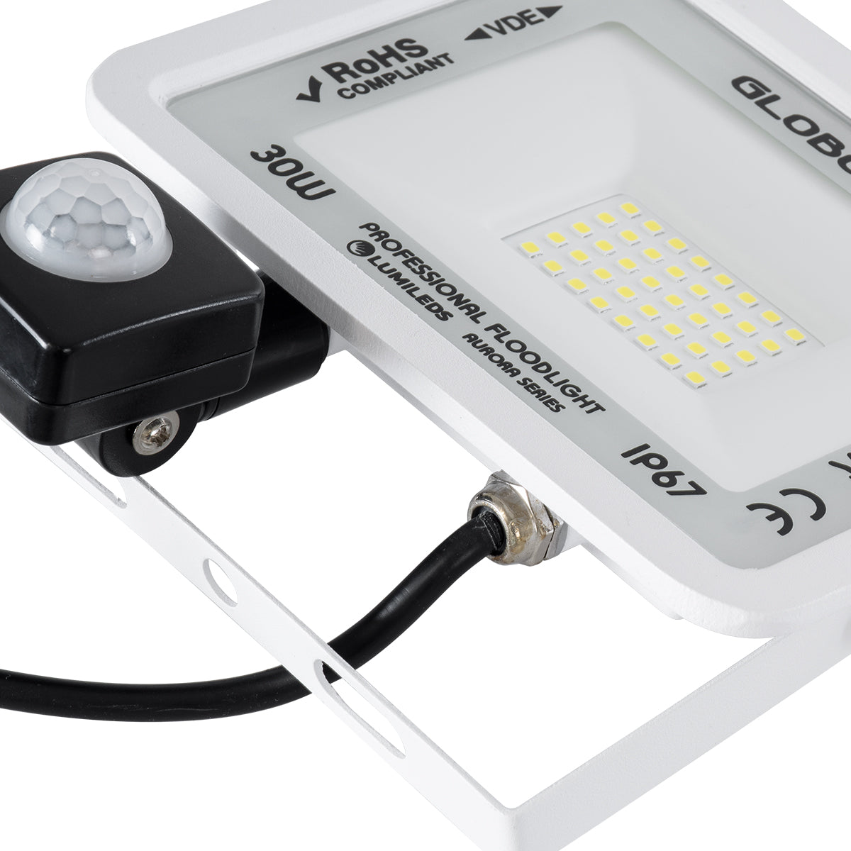 GloboStar® AURORA 61440 Επαγγελματικός Προβολέας LED 30W 3750lm 120° AC 220-240V με Ενσωματωμένο Ρυθμιζόμενο Αισθητήρα Κίνησης PIR - Αδιάβροχος IP67 - Μ16 x Π5 x Υ17.5cm - Λευκό - Ψυχρό Λευκό 6000K - LUMILEDS Chips - TÜV Rheinland Certified - 3 Years W... - ledmania.gr