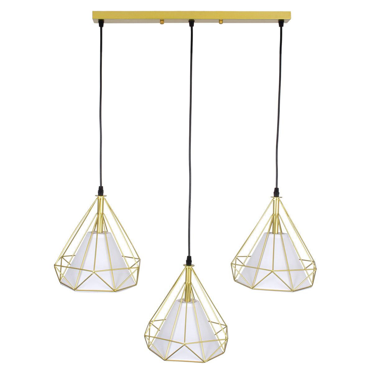 GloboStar® EIFFEL 61571 Vintage Κρεμαστό Φωτιστικό Οροφής Τρίφωτο 3 x E27 Χρυσό Μεταλλικό Πλέγμα με Λευκό Ύφασμα L68 x W25 x H130cm - ledmania.gr