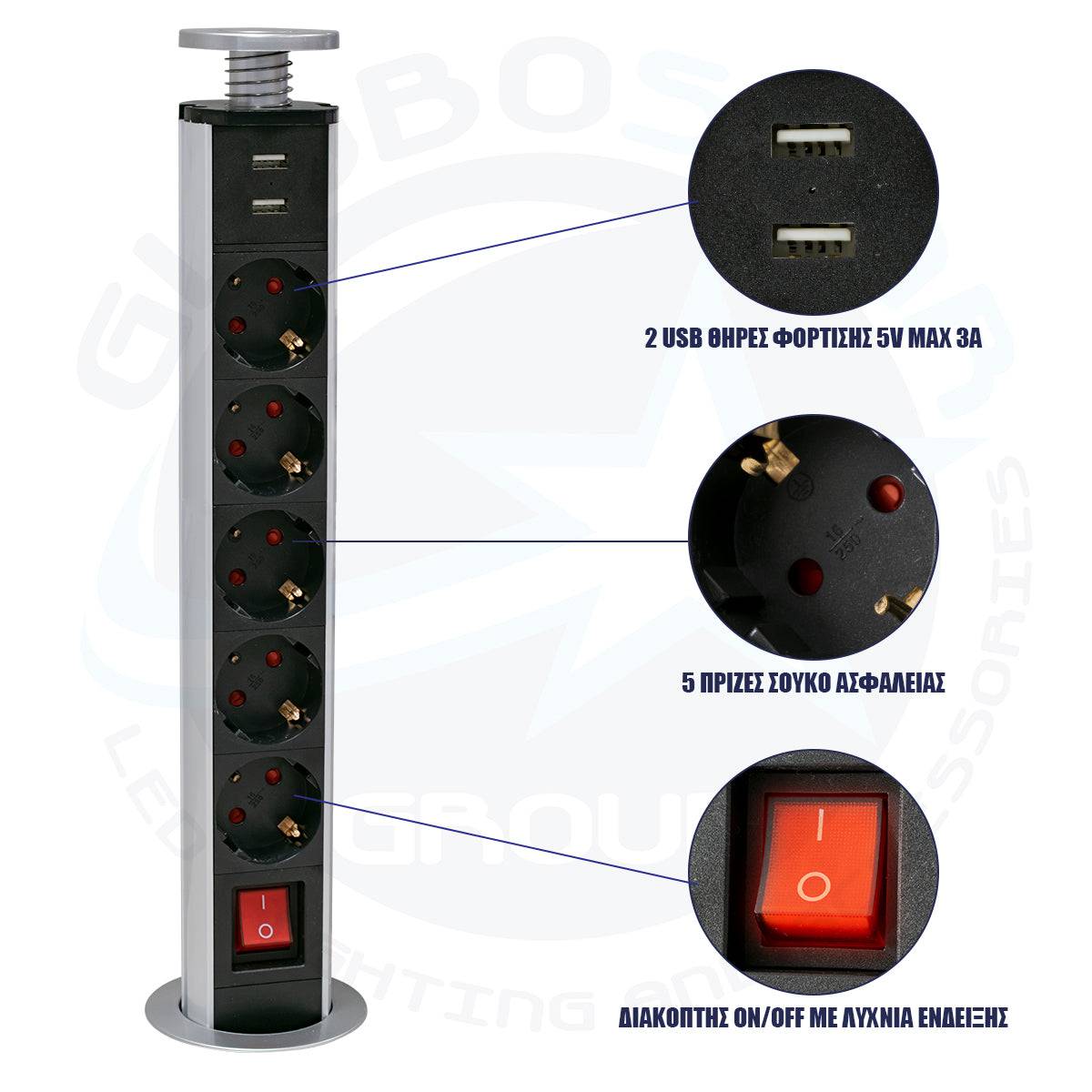 GloboStar® 79632 Χωνευτό Πτυσσόμενο Πολύμπριζο με 5 Πρίζες Ασφαλείας EU Σούκο AC 230V Max 5000W & 2 Εξόδους USB DC 5V Max 3A 18W & Ενσωματωμένο Διακόπτη Οn/Off - ledmania.gr