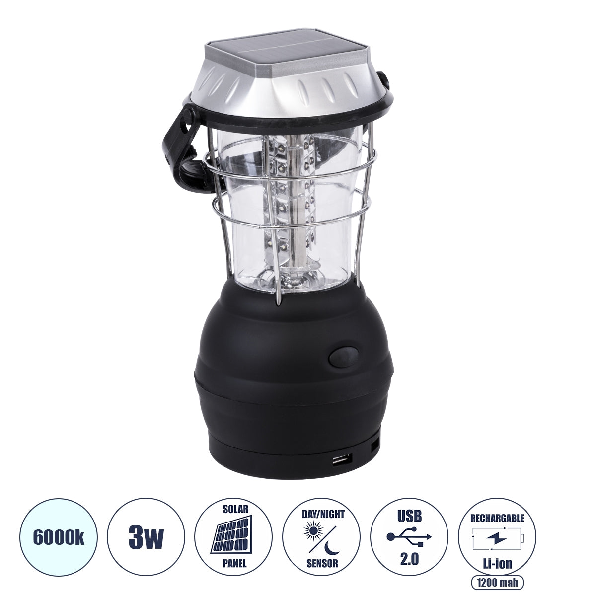 GloboStar® 69923 Αυτόνομος Ηλιακός Φωτοβολταϊκός Φορητός Φακός Φανάρι LED Camping 3W 150lm - 1200mAh - Μανιβέλα Φόρτισης - Power Bank - Καλώδιο Φόρτισης Micro USB - Ψυχρό Λευκό 6000K Φ13 x Υ25cm - ledmania.gr