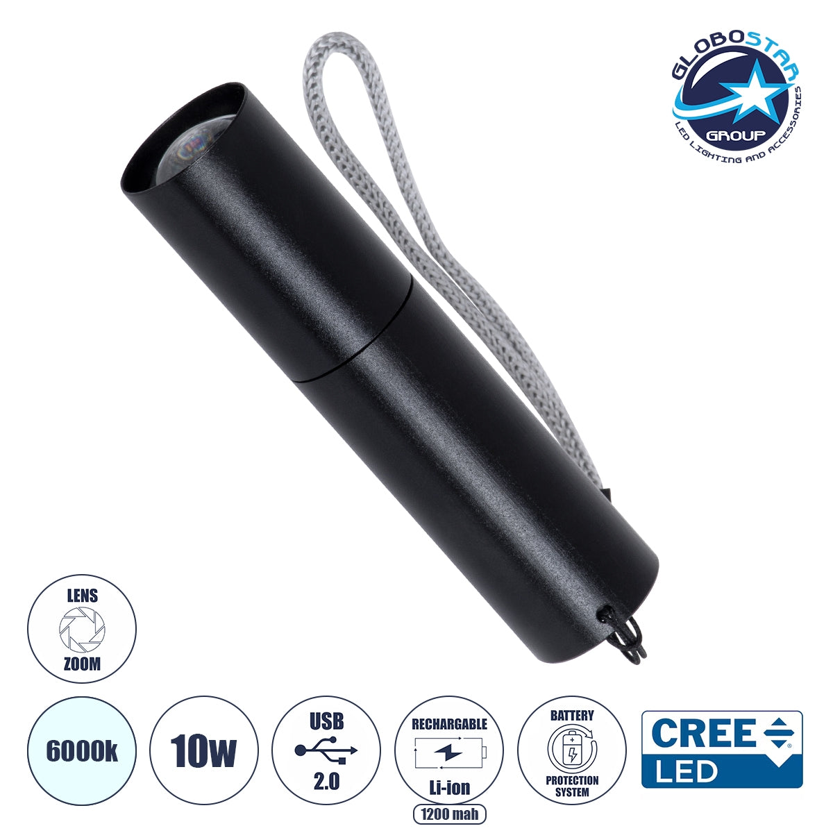 GloboStar® 69924 Φορητός Φακός Χειρός Επαναφορτιζόμενος LED CREE XRE Q5 10W 1000lm Zoom έως 60° με 1 x 18650 Μπαταρία 1200mAh & Battery Protection System - USB 2.0 - 3 Modes IP20 Ψυχρό Λευκό 6000K Φ2.1 x Υ8.8cm - ledmania.gr