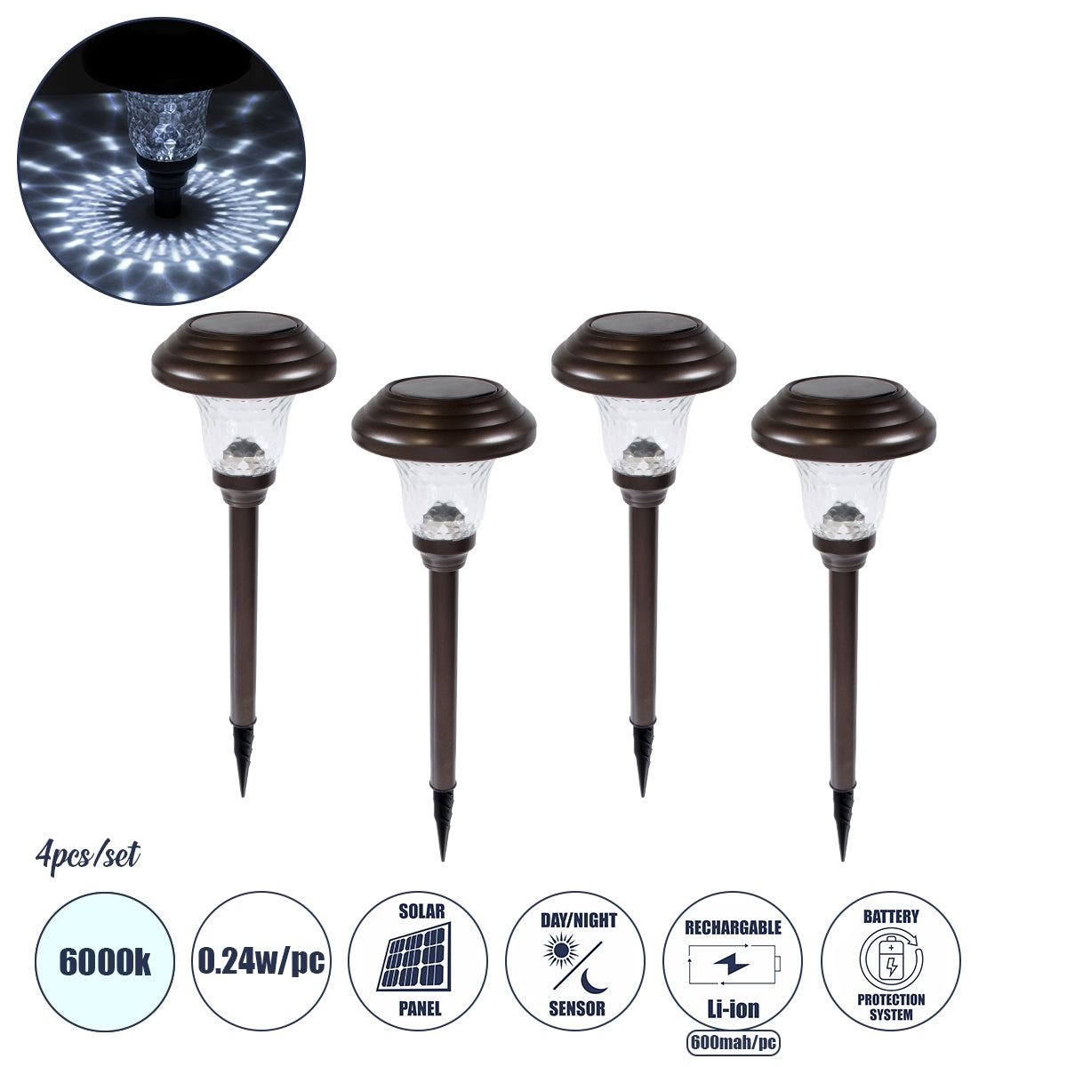GloboStar® 69927 ΣΕΤ 4 Τεμαχίων Αυτόνομα Ηλιακά Φωτιστικά LED SMD 0.24W/Τεμ. 24lm/Τεμ. με Ενσωματωμένη Μπαταρία 600mAh - Φωτοβολταϊκό Πάνελ με Αισθητήρα Ημέρας-Νύχτας Αδιάβροχο IP65 Φανάρι Κήπου Στρογγυλό Ψυχρό Λευκό 6000K Φ12 x Υ23cm - ledmania.gr