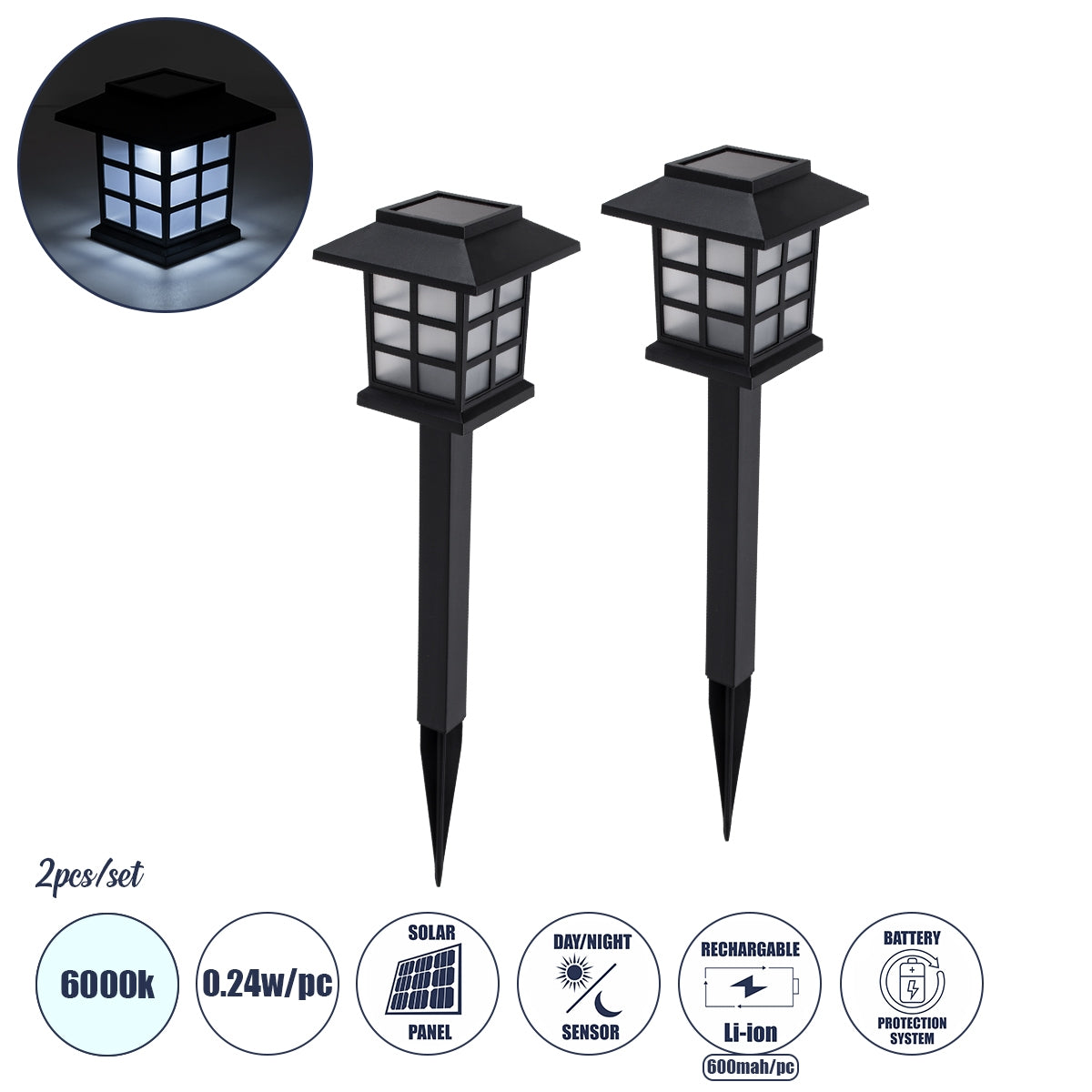 GloboStar® 69928 ΣΕΤ 2 Τεμαχίων Αυτόνομα Ηλιακά Φωτιστικά LED SMD 0.24W/Τεμ. 24lm/Τεμ. με Ενσωματωμένη Μπαταρία 600mAh - Φωτοβολταϊκό Πάνελ με Αισθητήρα Ημέρας-Νύχτας Αδιάβροχο IP65 Φανάρι Κήπου Τετράγωνο Ψυχρό Λευκό 6000K Μ8.5 x Π8.5 x Υ26.5cm - ledmania.gr