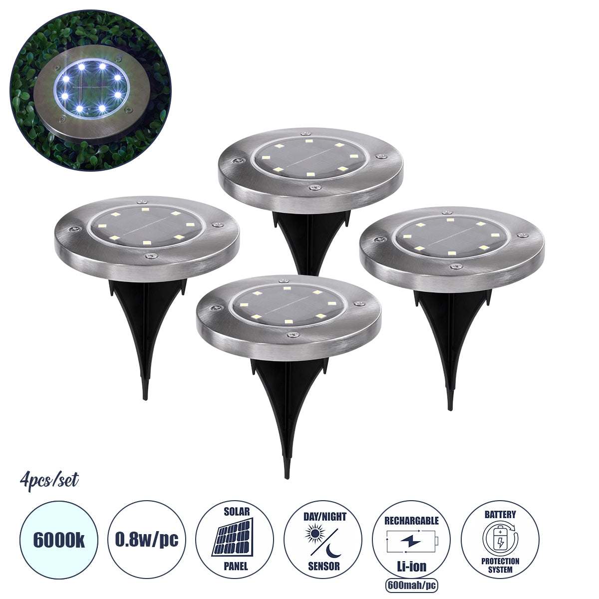 GloboStar® 69929 ΣΕΤ 4 Τεμαχίων Αυτόνομα Ηλιακά Φωτιστικά LED SMD 0.80W/Τεμ. 80lm/Τεμ. με Ενσωματωμένη Μπαταρία 600mAh - Φωτοβολταϊκό Πάνελ με Αισθητήρα Ημέρας-Νύχτας Αδιάβροχο IP65 Φανάρι Κήπου Στρογγυλό Ψυχρό Λευκό 6000K Φ12 x Υ13cm - ledmania.gr