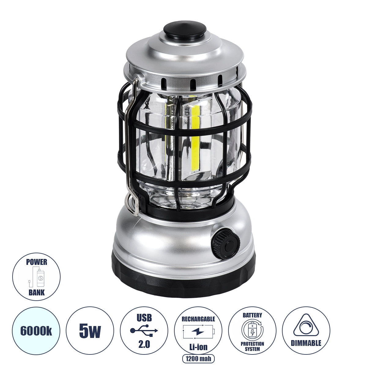 GloboStar® 69933 Αυτόνομο Επαναφορτιζόμενο Φανάρι Camping LED 5W με Επαναφορτιζόμενη Μπαταρία 18650 1200mAh Li-ion - Power Bank - Αδιάβροχο IP54 - Dimmable - Μαύρο Ασημί - Ψυχρό Λευκό 6000K Φ10.2 x Υ18cm - ledmania.gr