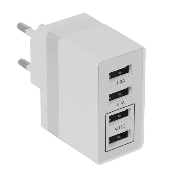 Φορτιστής USB 4 Θέσεων Wall Adapter 2 x AUTO 2.1A & 2 x 1A 5V DC Λευκός με Χρώμιο GloboStar 69997 - ledmania.gr