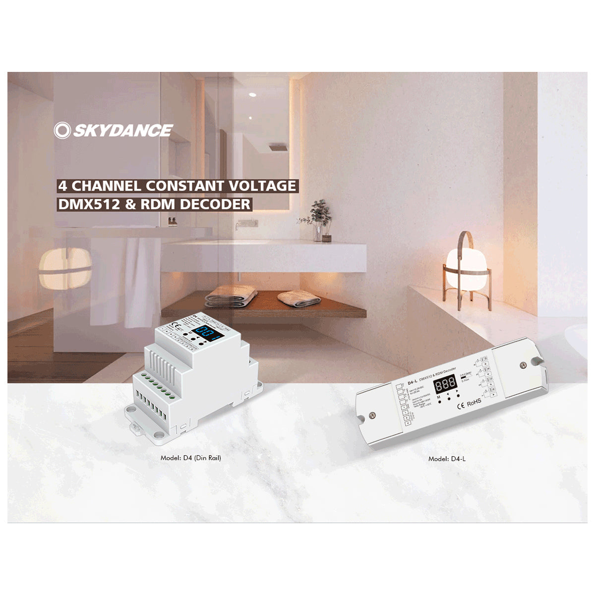 GloboStar® 70668 D4-L SKYDANCE DC DMX & RDM Dimmer High Speed Controller / Decoder 4 Καναλιών DC 12-24V 4 x 5A 120W - Max 20.5A 480W - IP20 Μ17 x Π5 x Υ2.5cm - 5 Years Warranty - ledmania.gr