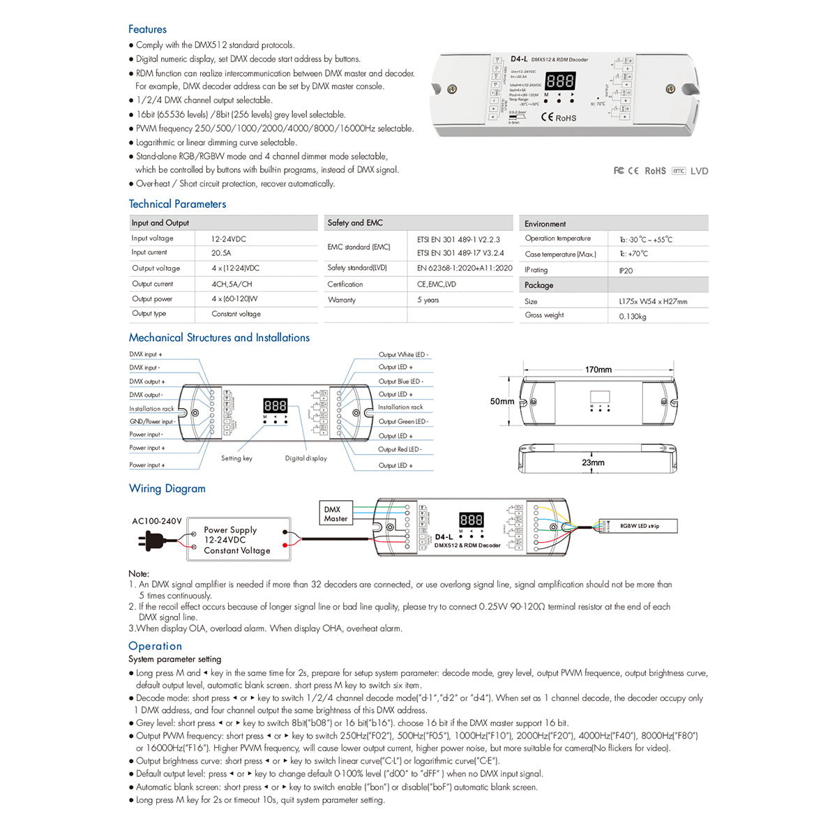 GloboStar® 70668 D4-L SKYDANCE DC DMX & RDM Dimmer High Speed Controller / Decoder 4 Καναλιών DC 12-24V 4 x 5A 120W - Max 20.5A 480W - IP20 Μ17 x Π5 x Υ2.5cm - 5 Years Warranty - ledmania.gr