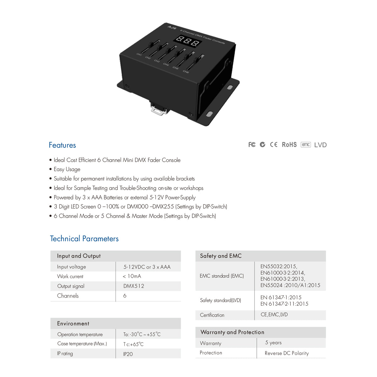 GloboStar® 70675 AJ6 SKYDANCE DC DMX Fader Console 6 Καναλιών DC 5-12V ή 3 x AAA Μπαταρίες 5 x 6A - IP20 Μ10 x Π7 x Υ4cm - 5 Years Warranty - ledmania.gr