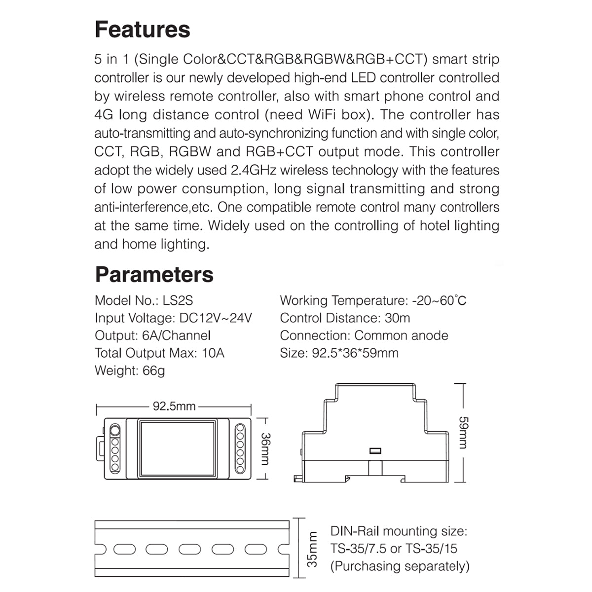 GloboStar® 71415 LS2S DC Controller Din Rail Ράγας WiFi 5 Καναλιών DC 12-24V 5 x 6A 144W - Max 10A 240W - IP20 RGBW+WW+CCT Μ9 x Π3.4 x Υ6cm - 5 Years Warranty - ledmania.gr