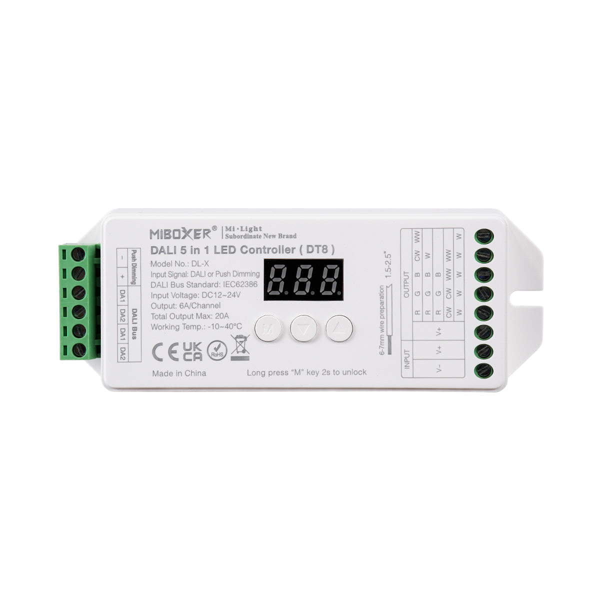 GloboStar® 71423 DL-X DC DALI & Push Dimming 5 in 1 Dimmer High Speed Controller 5 Καναλιών DC 12-24V 5 x 6A 144W - Max 20A 480W - IP20 RGBW+WW Μ13 x Π5 x Υ2.5cm - 5 Years Warranty - ledmania.gr