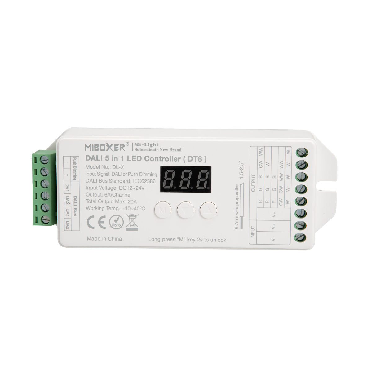GloboStar® 71423 DL-X DC DALI & Push Dimming 5 in 1 Dimmer High Speed Controller 5 Καναλιών DC 12-24V 5 x 6A 144W - Max 20A 480W - IP20 RGBW+WW Μ13 x Π5 x Υ2.5cm - 5 Years Warranty - ledmania.gr