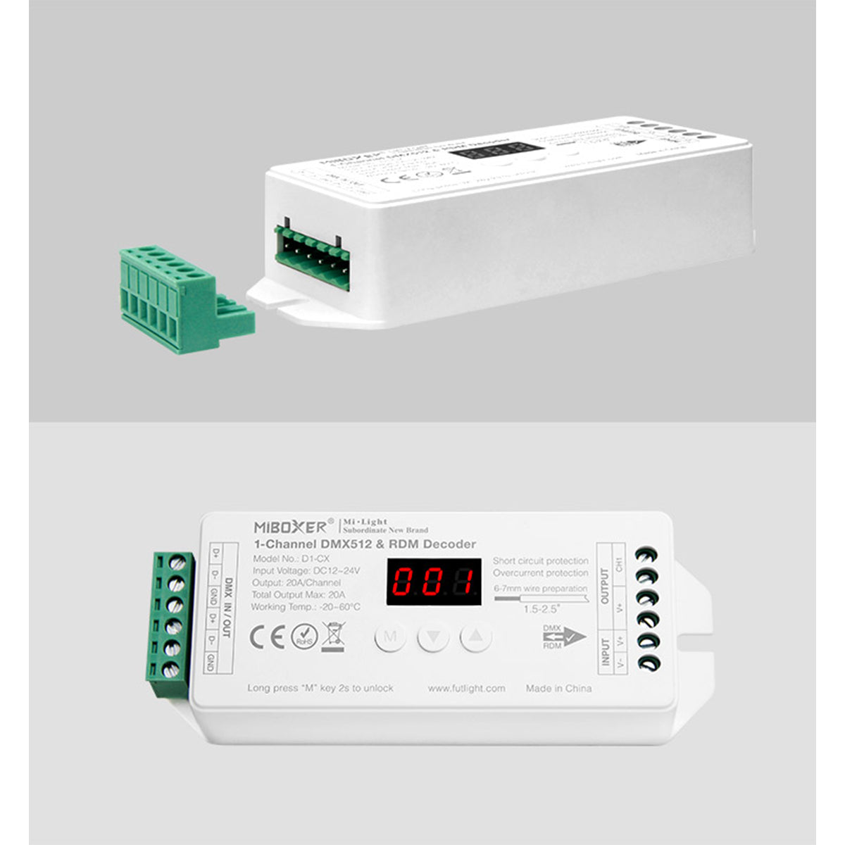 GloboStar® 71424 D1-CX DC DMX & RDM Dimmer High Speed Controller / Decoder 1 Καναλιού DC 12-24V 1 x 20A 480W - Max 20A 480W - IP20 DMX512 Μ13 x Π5 x Υ2.5cm - 5 Years Warranty - ledmania.gr