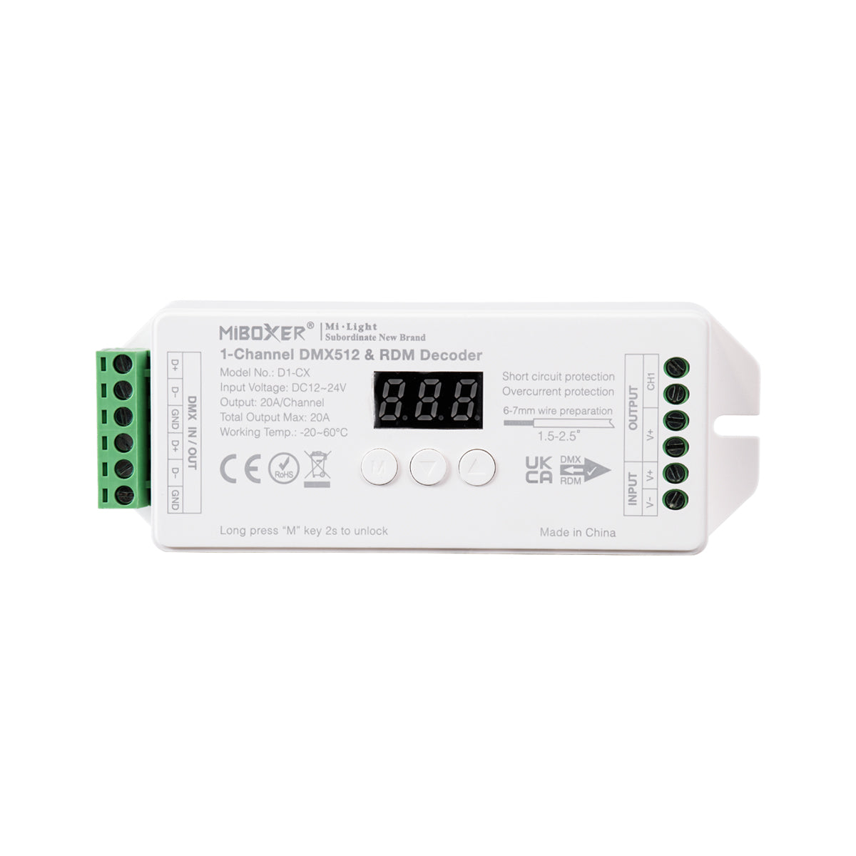 GloboStar® 71424 D1-CX DC DMX & RDM Dimmer High Speed Controller / Decoder 1 Καναλιού DC 12-24V 1 x 20A 480W - Max 20A 480W - IP20 DMX512 Μ13 x Π5 x Υ2.5cm - 5 Years Warranty - ledmania.gr