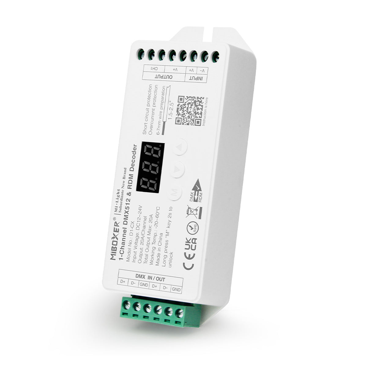 GloboStar® 71424 D1-CX DC DMX & RDM Dimmer High Speed Controller / Decoder 1 Καναλιού DC 12-24V 1 x 20A 480W - Max 20A 480W - IP20 DMX512 Μ13 x Π5 x Υ2.5cm - 5 Years Warranty - ledmania.gr