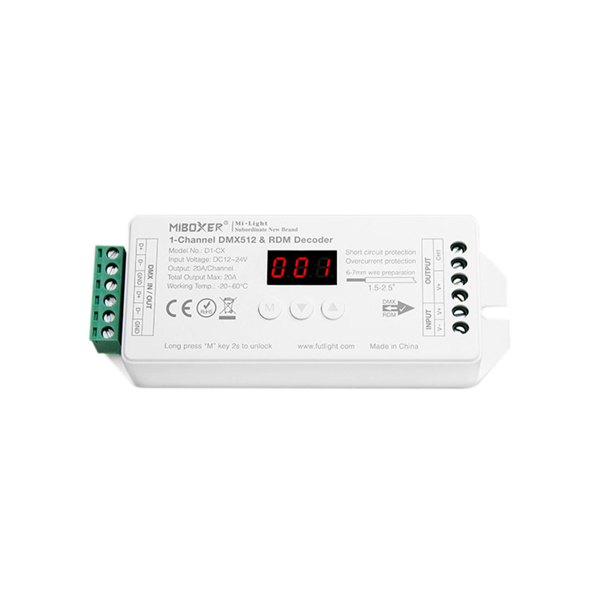 GloboStar® 71424 D1-CX DC DMX & RDM Dimmer High Speed Controller / Decoder 1 Καναλιού DC 12-24V 1 x 20A 480W - Max 20A 480W - IP20 DMX512 Μ13 x Π5 x Υ2.5cm - 5 Years Warranty - ledmania.gr
