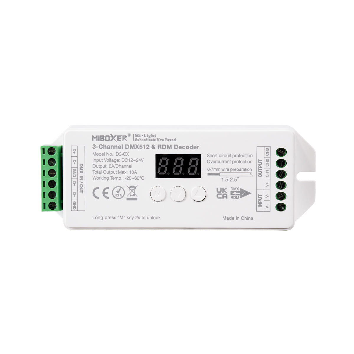 GloboStar® 71425 D3-CX DC DMX & RDM Dimmer High Speed Controller / Decoder 3 Καναλιών DC 12-24V 3 x 6A 144W - Max 18A 432W - IP20 DMX512 Μ13 x Π5 x Υ2.5cm - 5 Years Warranty - ledmania.gr