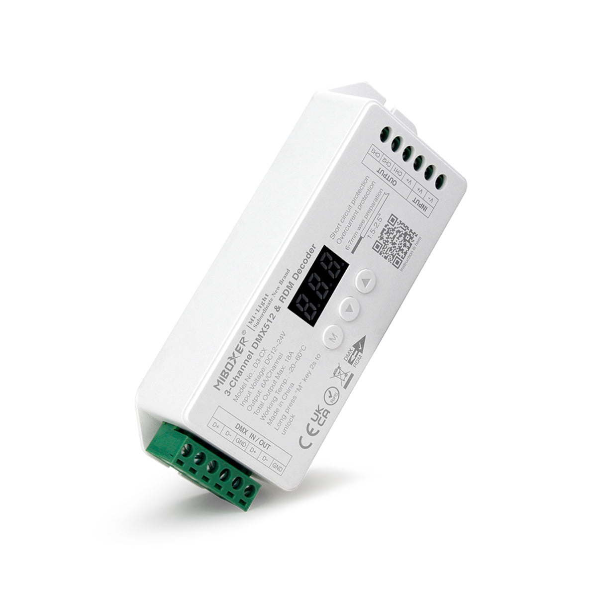 GloboStar® 71425 D3-CX DC DMX & RDM Dimmer High Speed Controller / Decoder 3 Καναλιών DC 12-24V 3 x 6A 144W - Max 18A 432W - IP20 DMX512 Μ13 x Π5 x Υ2.5cm - 5 Years Warranty - ledmania.gr