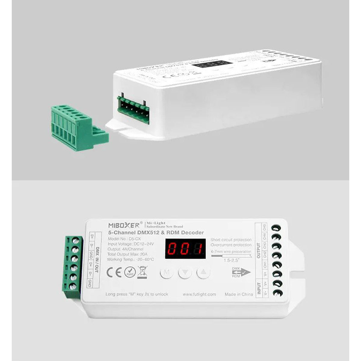 GloboStar® 71426 D5-CX DC DMX & RDM Dimmer High Speed Controller / Decoder 5 Καναλιών DC 12-24V 5 x 4A 96W - Max 20A 480W - IP20 DMX512 Μ13 x Π5 x Υ2.5cm - 5 Years Warranty - ledmania.gr