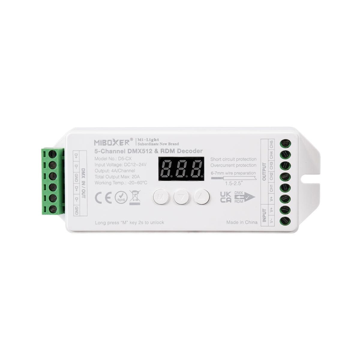 GloboStar® 71426 D5-CX DC DMX & RDM Dimmer High Speed Controller / Decoder 5 Καναλιών DC 12-24V 5 x 4A 96W - Max 20A 480W - IP20 DMX512 Μ13 x Π5 x Υ2.5cm - 5 Years Warranty - ledmania.gr