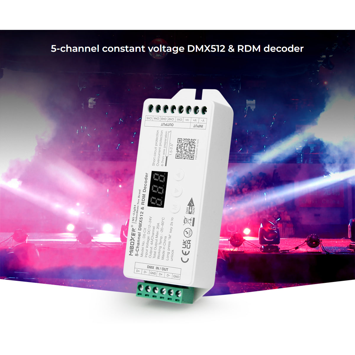 GloboStar® 71426 D5-CX DC DMX & RDM Dimmer High Speed Controller / Decoder 5 Καναλιών DC 12-24V 5 x 4A 96W - Max 20A 480W - IP20 DMX512 Μ13 x Π5 x Υ2.5cm - 5 Years Warranty - ledmania.gr