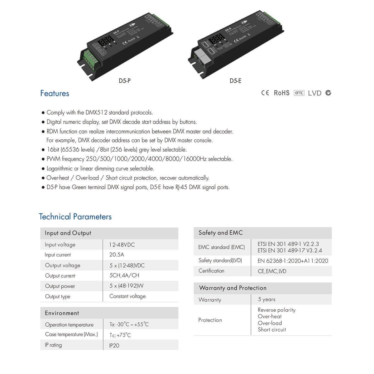 GloboStar® 71445 D5-P SKYDANCE DC DMX & RDM Dimmer High Speed Controller / Decoder 5 Καναλιών DC 12-48V 5 x 4A 192W - Max 20.5A 960W - IP20 Μ17.5 x Π4.5 x Υ3.5cm - 5 Years Warranty - ledmania.gr