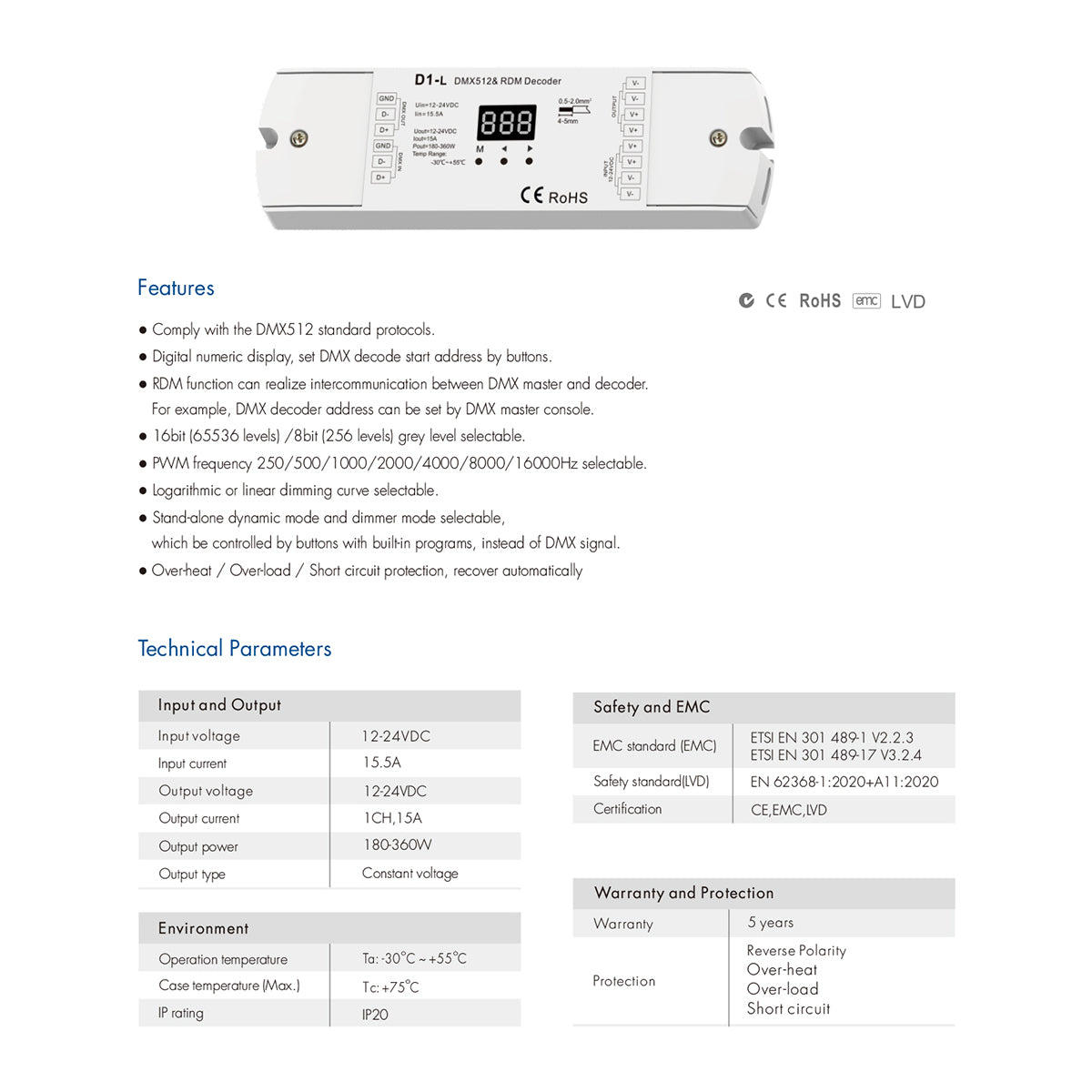 GloboStar® 71446 D1-L SKYDANCE DC DMX & RDM Dimmer High Speed Controller / Decoder 1 Καναλιού DC 12-24V 1 x 15.5A 360W - Max 15.5A 360W - IP20 Μ17 x Π5 x Υ2.5cm - 5 Years Warranty - ledmania.gr