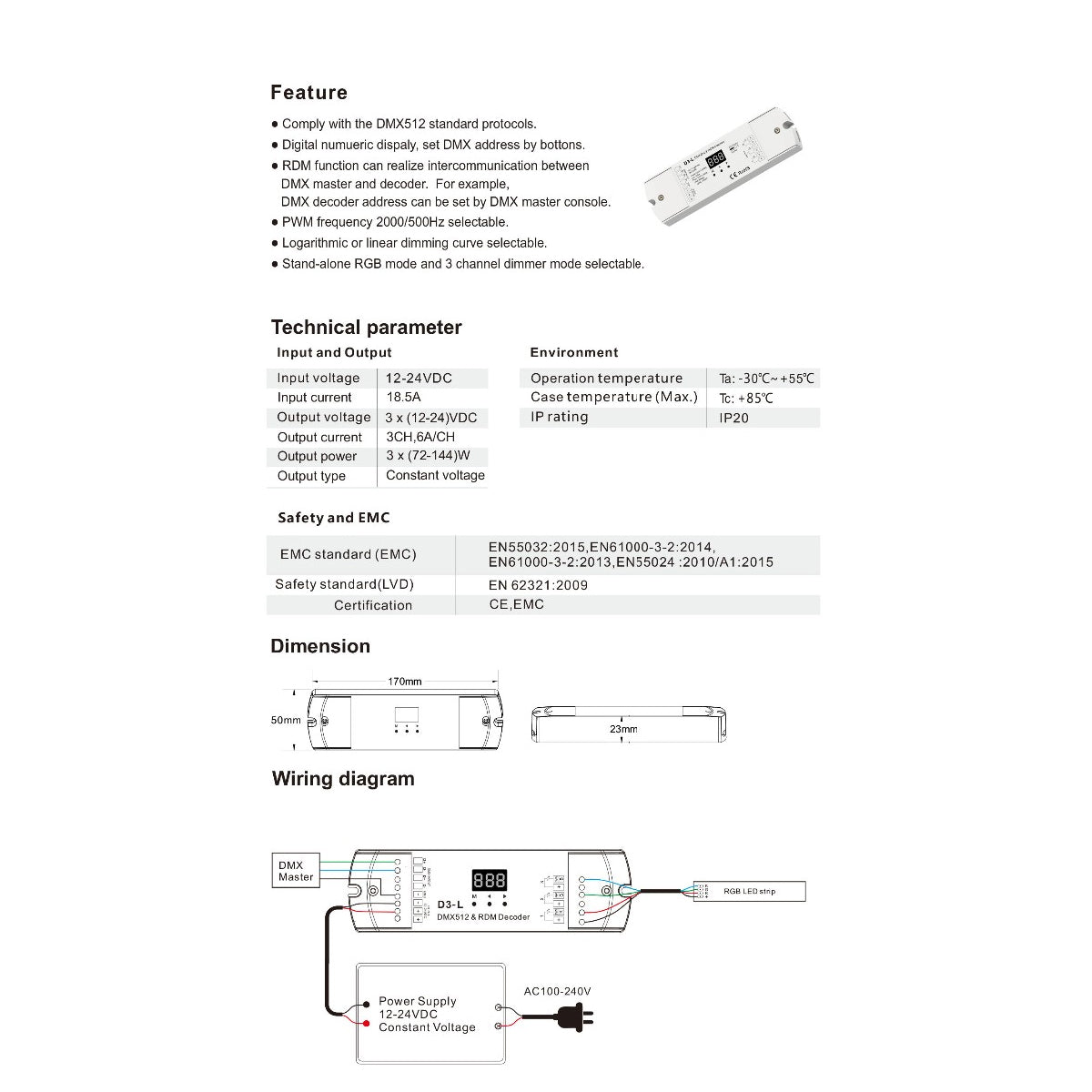 GloboStar® 71447 D3-L SKYDANCE DC DMX & RDM Dimmer High Speed Controller / Decoder 3 Καναλιών DC 12-24V 3 x 6A 144W - Max 18.5A 432W - IP20 Μ17 x Π5 x Υ2.5cm - 5 Years Warranty - ledmania.gr