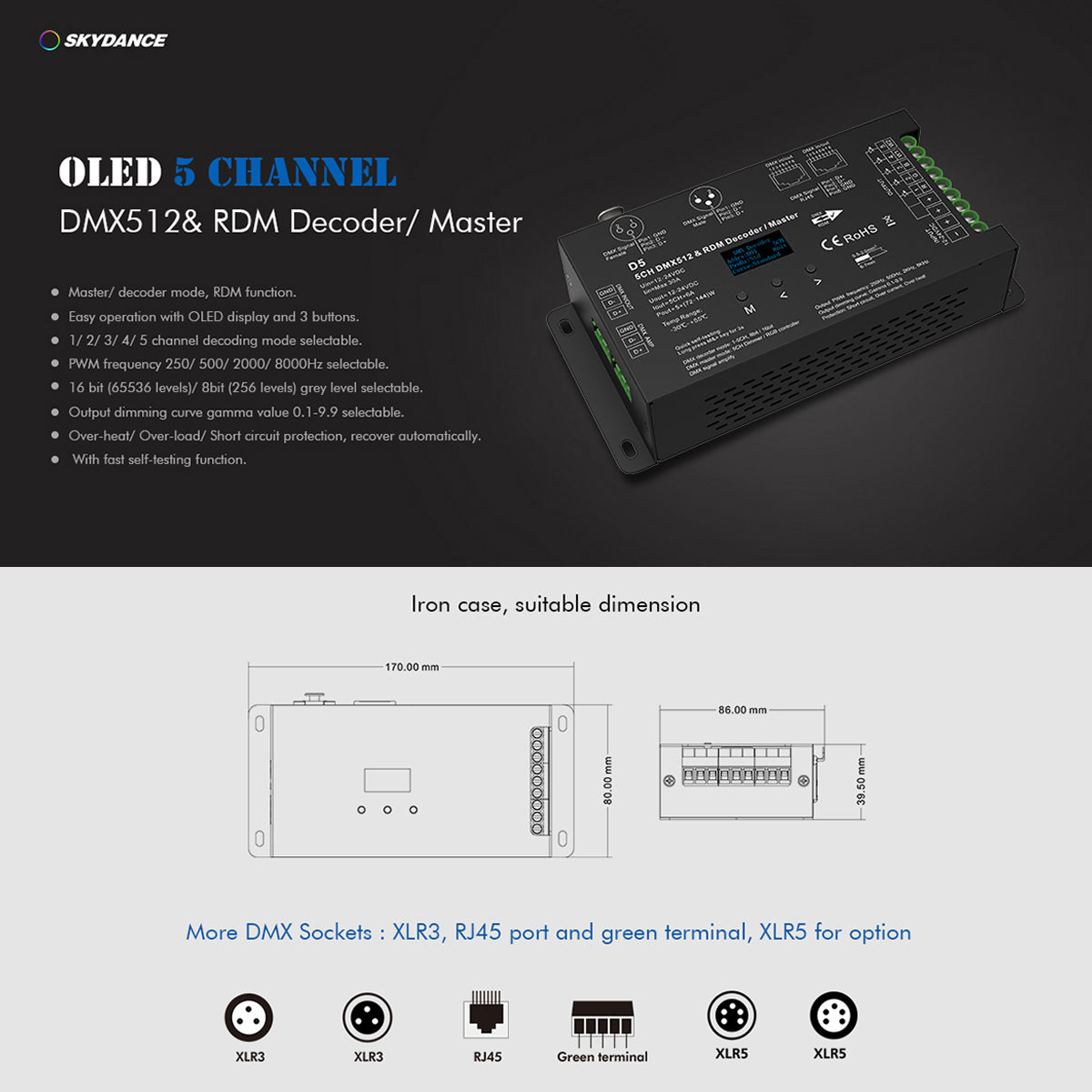 GloboStar® 71448 D5 SKYDANCE DC DMX & RDM Dimmer High Speed Controller / Decoder 5 Καναλιών DC 12-24V 5 x 6A 144W - Max 30A 864W - IP20 Μ17 x Π8 x Υ4cm - 5 Years Warranty - ledmania.gr