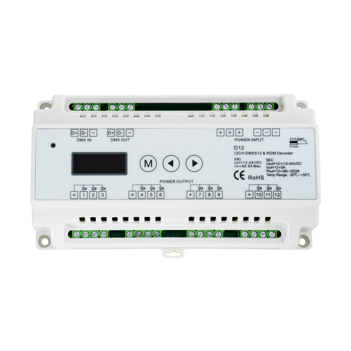 GloboStar® 71449 D12 SKYDANCE DC DMX & RDM Dimmer Din Rail Ράγας High Speed Controller / Decoder / Master 12 Καναλιών DC 12-24V 12 x 5A 120W - Max 60.5A 1440W - IP20 DMX512 Μ15.5 x Π9 x Υ6cm - 5 Years Warranty - ledmania.gr