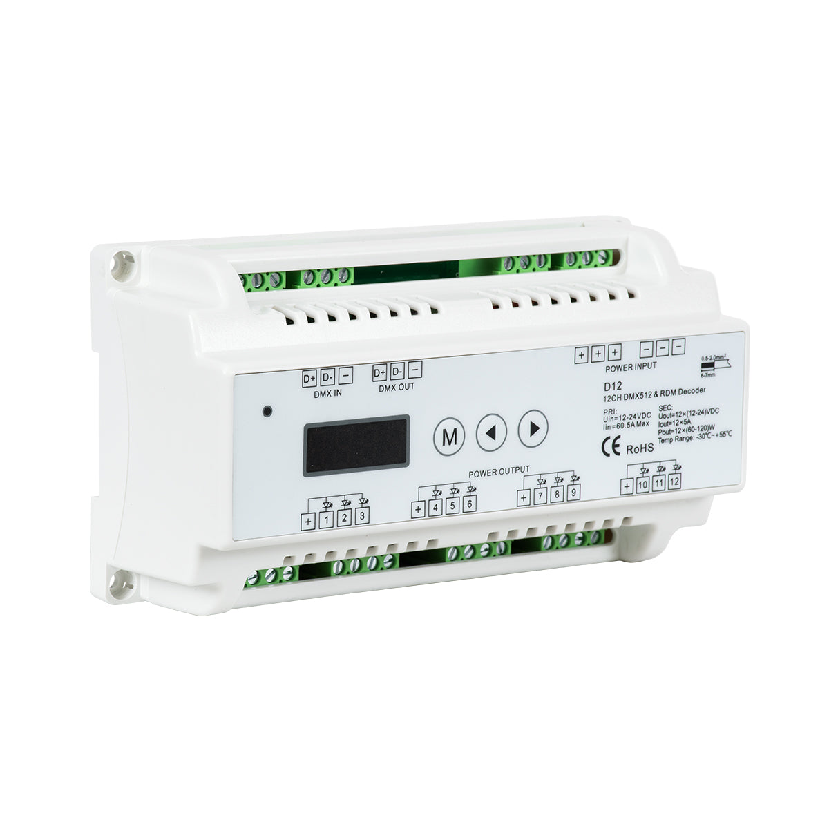 GloboStar® 71449 D12 SKYDANCE DC DMX & RDM Dimmer Din Rail Ράγας High Speed Controller / Decoder / Master 12 Καναλιών DC 12-24V 12 x 5A 120W - Max 60.5A 1440W - IP20 DMX512 Μ15.5 x Π9 x Υ6cm - 5 Years Warranty - ledmania.gr