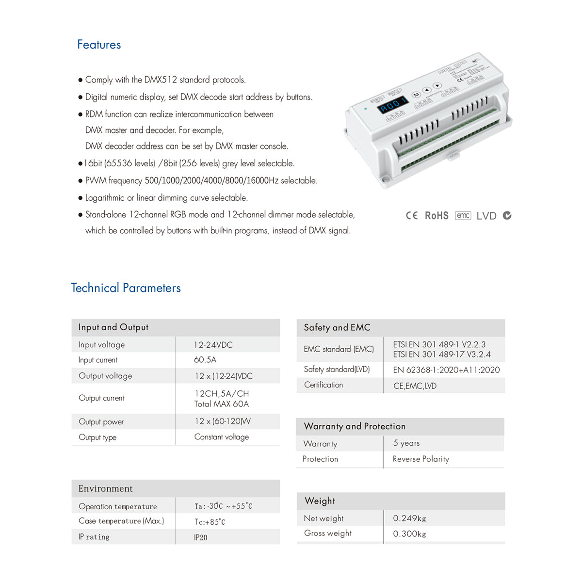 GloboStar® 71449 D12 SKYDANCE DC DMX & RDM Dimmer Din Rail Ράγας High Speed Controller / Decoder / Master 12 Καναλιών DC 12-24V 12 x 5A 120W - Max 60.5A 1440W - IP20 DMX512 Μ15.5 x Π9 x Υ6cm - 5 Years Warranty - ledmania.gr